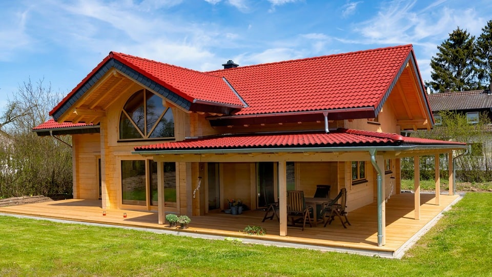 Modernes FINNHOLZ Blockbohlenhaus mit rotem Dach und großer Terrasse.