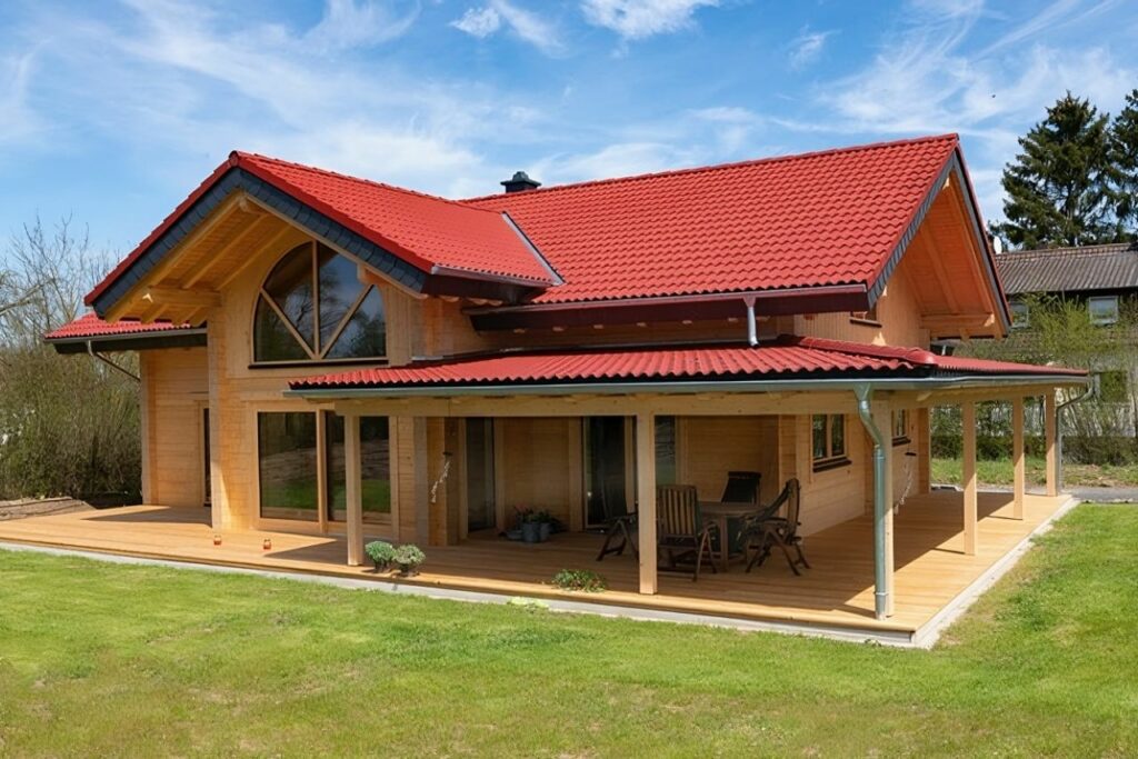 Wohnblockhäuser: Ein Finnholz Wohnblockhaus mit einer geräumigen Terrasse, eingebettet in einer natürlichen Umgebung.