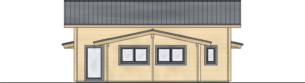 Vorderansicht des Finnholz-Blockhauses Blockhaus Klassiker 62 mit naturbelassenen Holzwänden und grauem Dach.