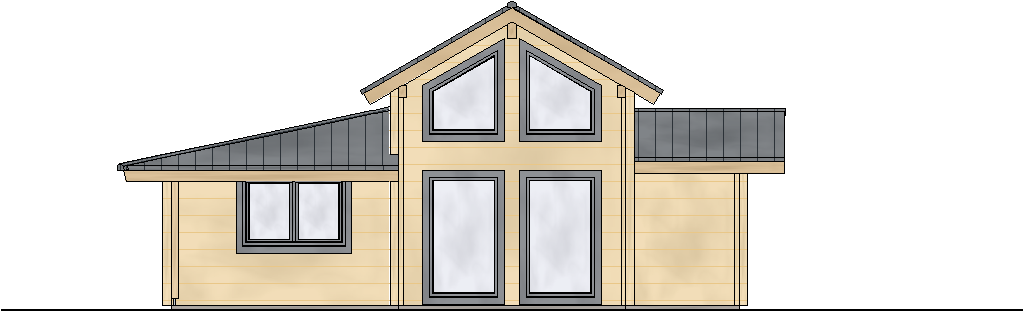 Vorderansicht eines Finnholz Blockhauses mit hohen Fenstern und einem ausgeprägten Giebeldesign.