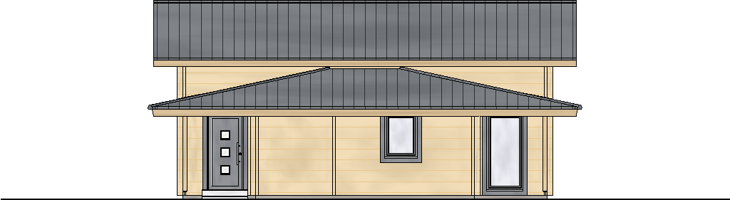 Frontansicht eines modernen Finnholz-Blockhauses mit dunklem Dach, heller Holzfassade und stilvoller Haustür.