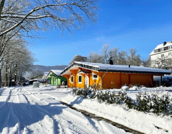 Straßenansicht des schneebedeckten, orangefarbenen Blockhauses von Finnholz mit Nachbarhäusern und verschneiten Bäumen.