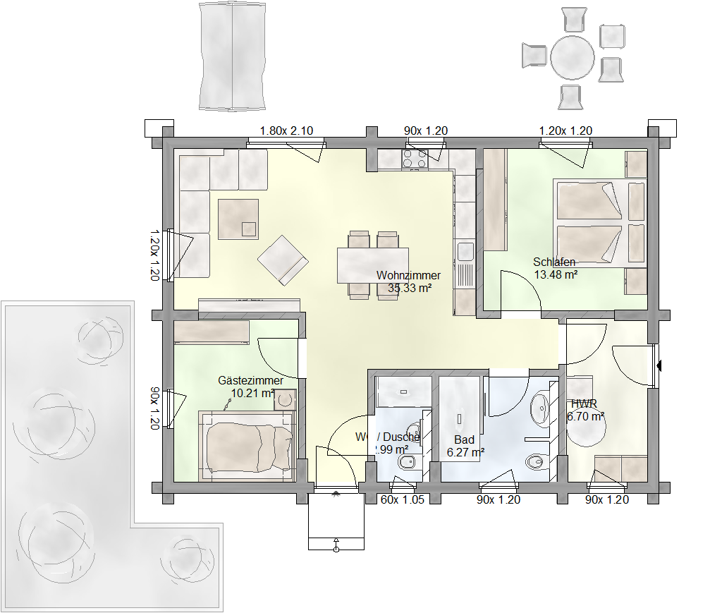Moderner Grundriss des Blockhaus Klassiker 75A von FINNHOLZ mit Wohnzimmer, Schlafzimmer, Gästezimmer, Bad, WC und Dusche.  