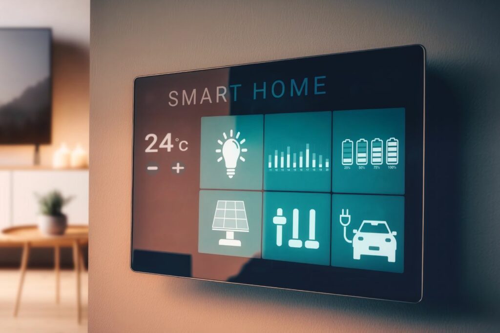 Smart Home Bedienfeld an der Wand mit Anzeigen für Temperatur, Energieverbrauch und Sicherheitssysteme.